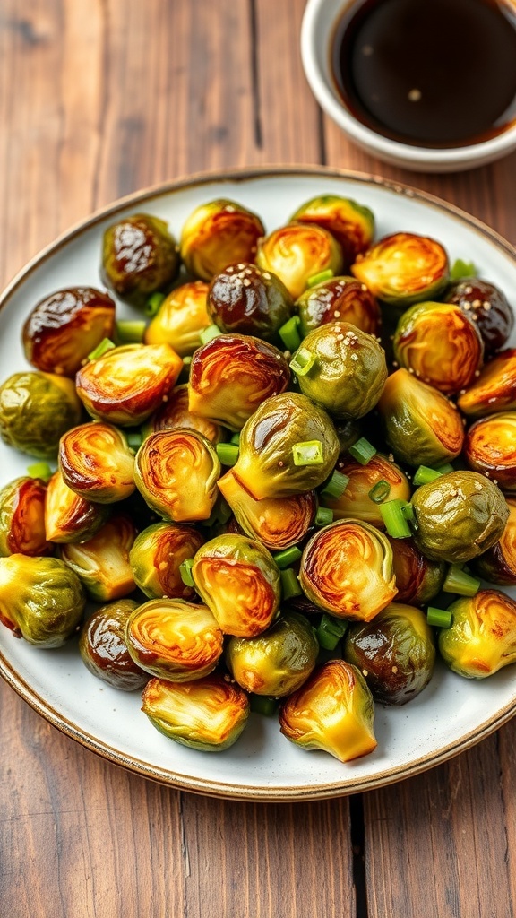Crispy air fryer Brussels sprouts with soy sauce glaze, garnished with sesame seeds and green onions on a rustic table.
